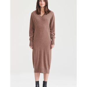 NAADAM Signature‎ Cashmere V-Neck Midi Dress Latte Brown Medium